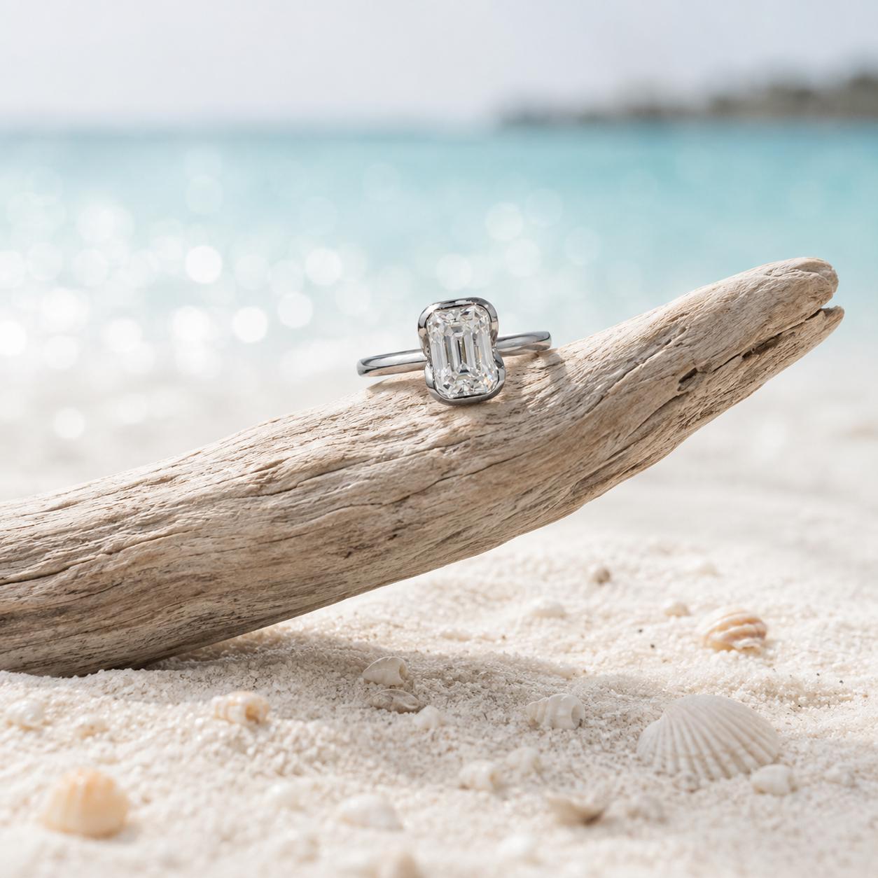 2 Carat Emerald Cut Moissanite Ring | 925 Sterling Silver Solitaire | Modern Engagement Ring | Travel Ring | Beachchī Luxury Jewelry