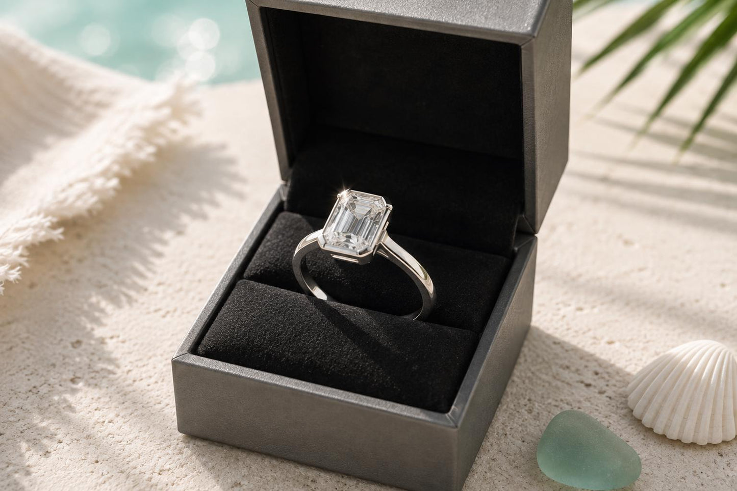2 Carat Emerald Cut Moissanite Ring | 925 Sterling Silver Solitaire | Modern Engagement Ring | Travel Ring | Beachchī Luxury Jewelry