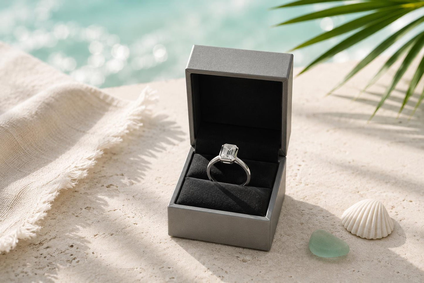 2 Carat Emerald Cut Moissanite Ring | 925 Sterling Silver Solitaire | Modern Engagement Ring | Travel Ring | Beachchī Luxury Jewelry
