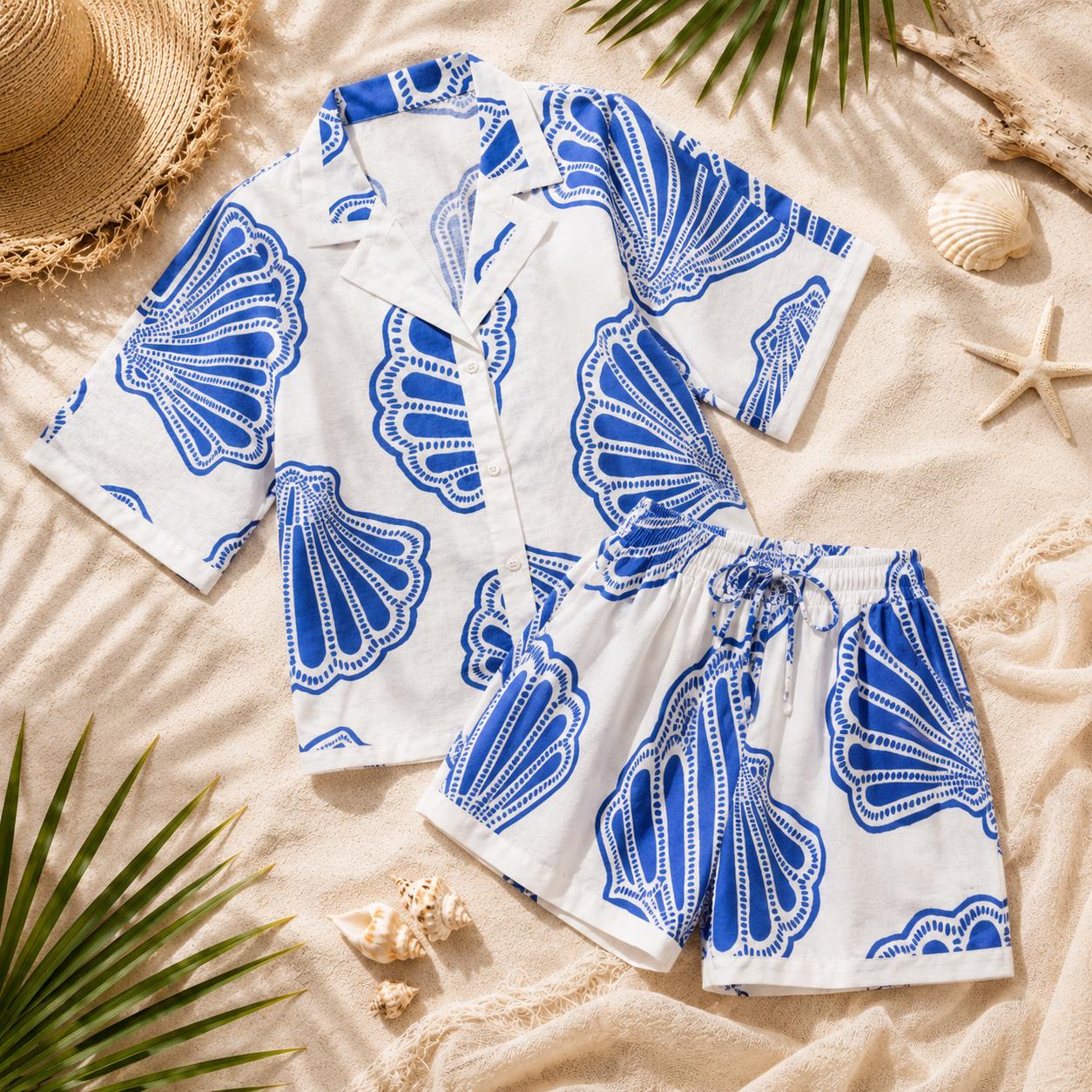 Beachchī Blue Shell Print Two Piece Shorts Set | Women's Coastal Resort Wear | Vacation Matching Set | Beach Outfit | Cruise Outfit | Plus