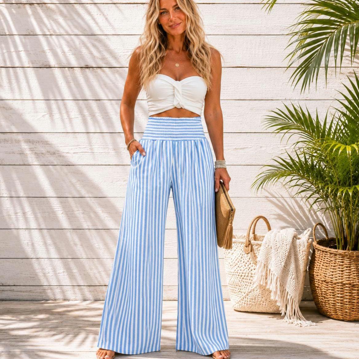 Beachchī Blue & White Striped Wide-Leg Pants | Smocked High Waist Coastal Resort Beach Pants with Pockets