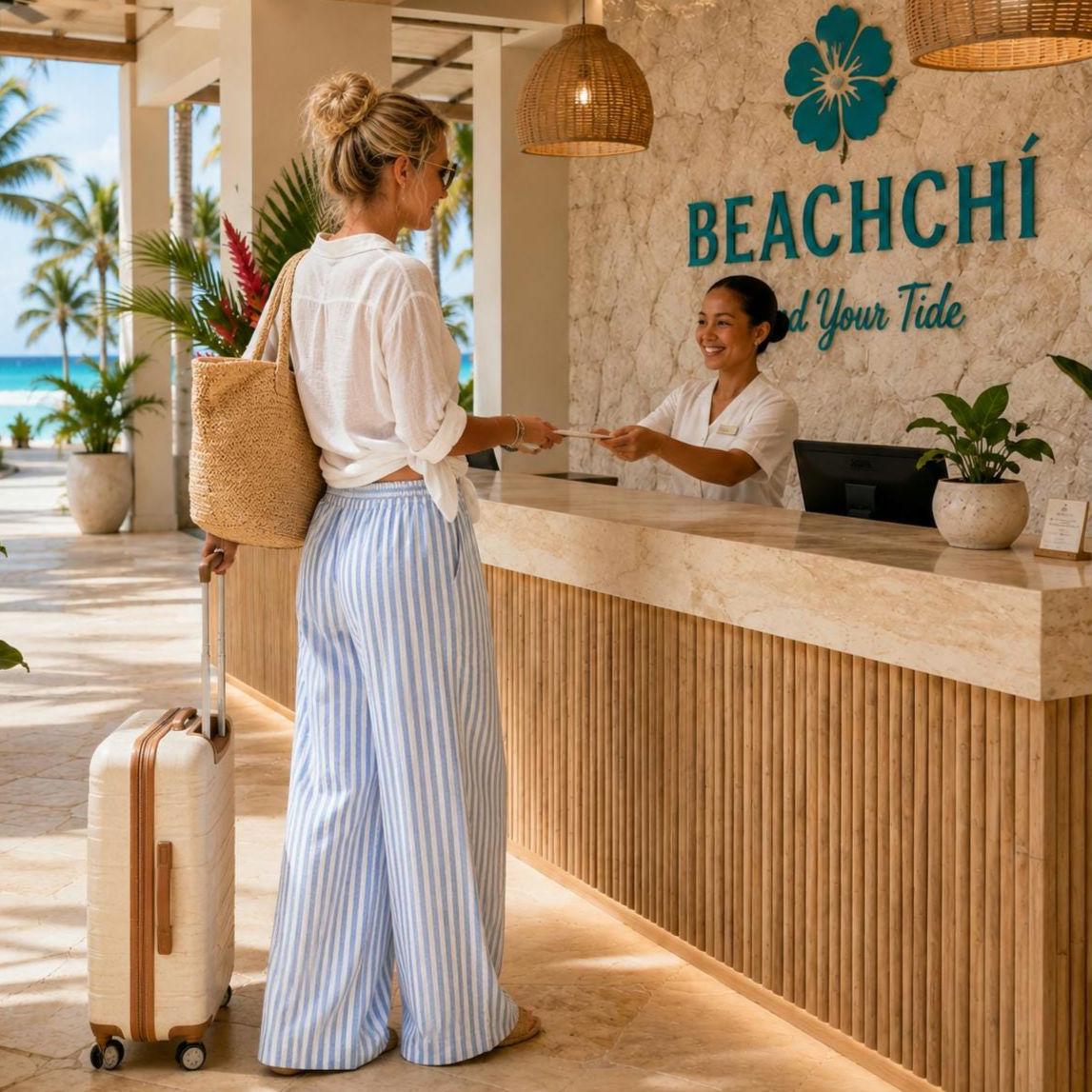Beachchī Blue & White Striped Wide-Leg Pants | Smocked High Waist Coastal Resort Beach Pants with Pockets