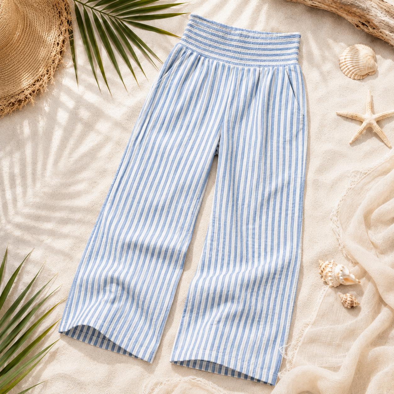 Beachchī Blue & White Striped Wide-Leg Pants | Smocked High Waist Coastal Resort Beach Pants with Pockets