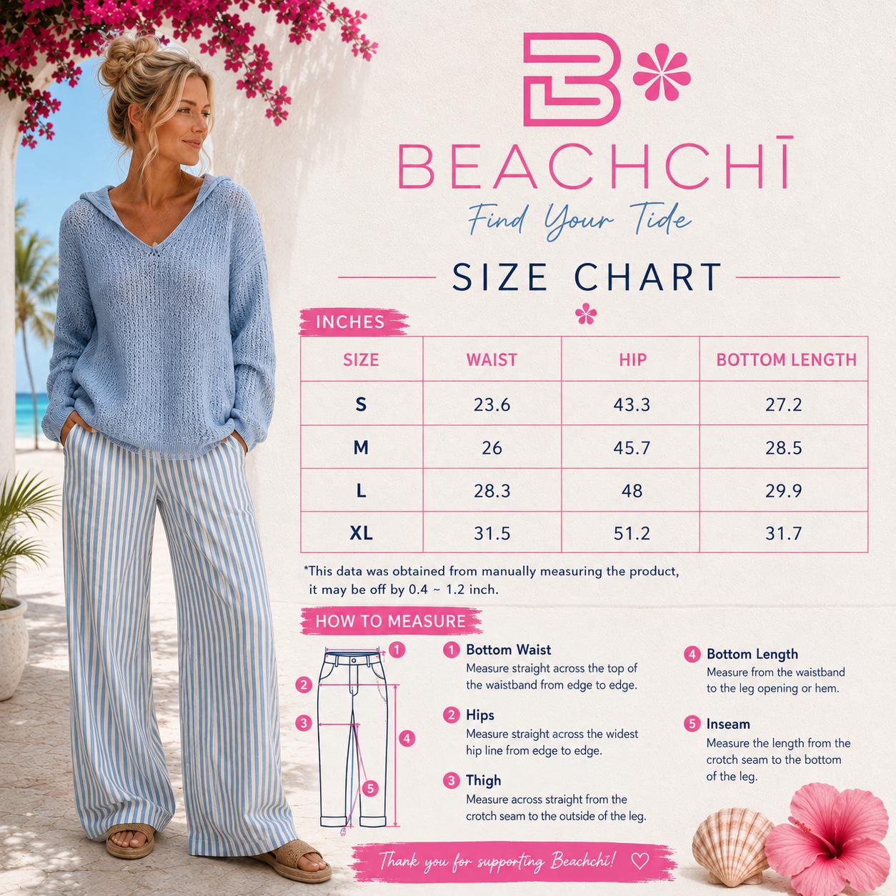 Beachchī Blue & White Striped Wide-Leg Pants | Smocked High Waist Coastal Resort Beach Pants with Pockets