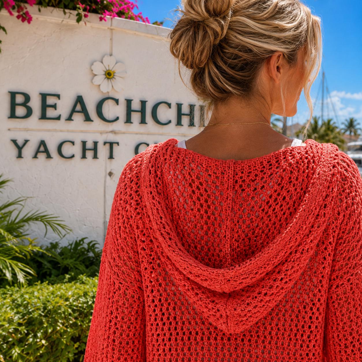 Openwork Long Sleeve Hooded Knit Cover Up
