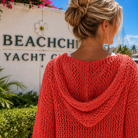 Openwork Long Sleeve Hooded Knit Cover Up