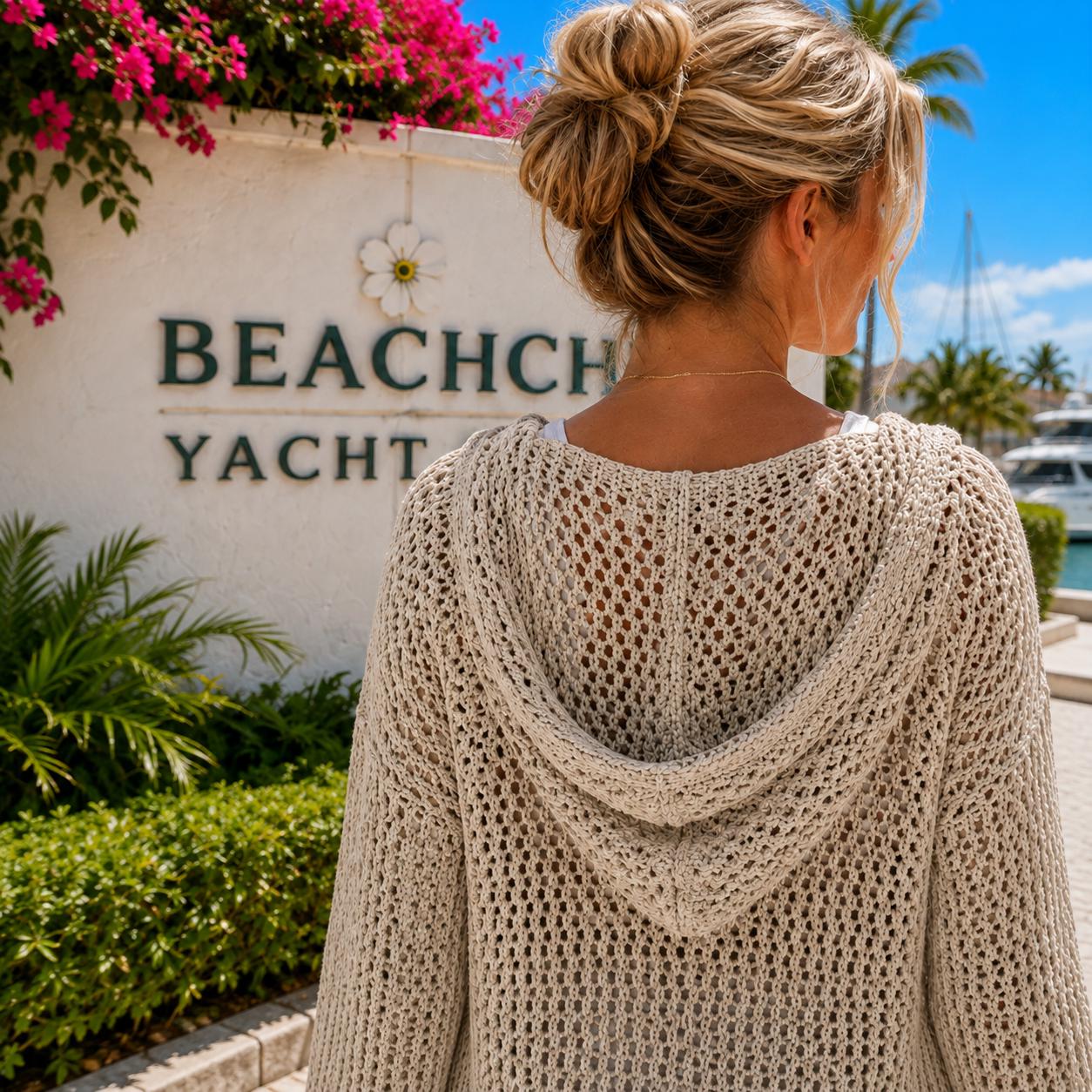 Openwork Long Sleeve Hooded Knit Cover Up