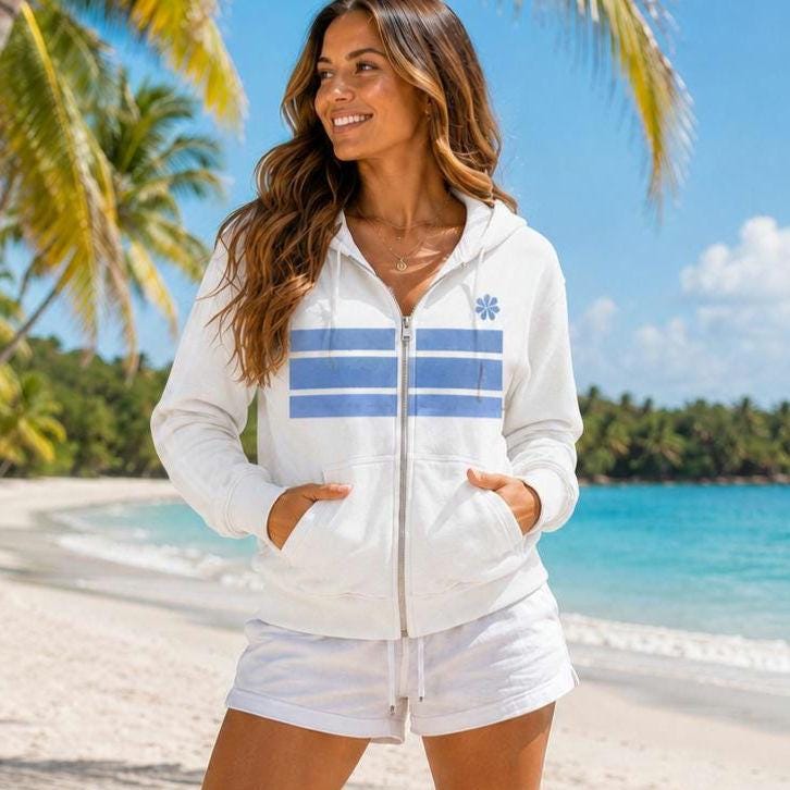 Blue Vintage Stripes Zip Hoodie | Beachchi Logo on Back