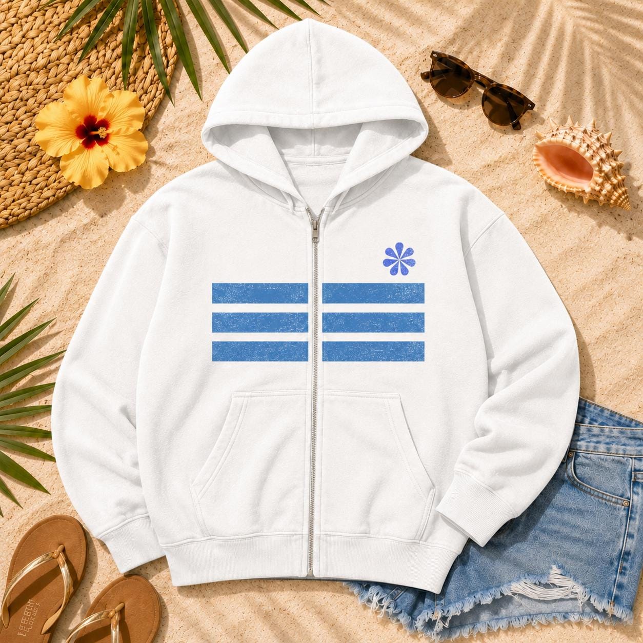 Blue Vintage Stripes Zip Hoodie | Beachchi Logo on Back
