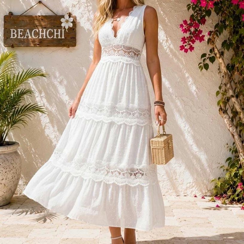 Lace Tie Swiss Dot Maxi Dress | Flowy Sundress | Beachchi
