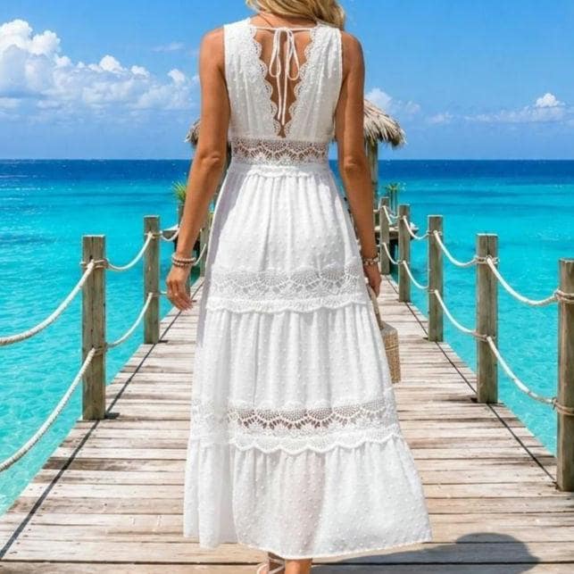 Lace Tie Swiss Dot Maxi Dress | Flowy Sundress | Beachchi