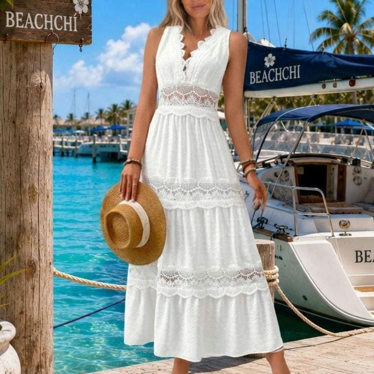 Lace Tie Swiss Dot Maxi Dress | Flowy Sundress | Beachchi