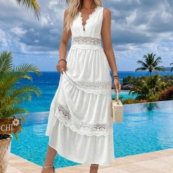 Lace Tie Swiss Dot Maxi Dress | Flowy Sundress | Beachchi