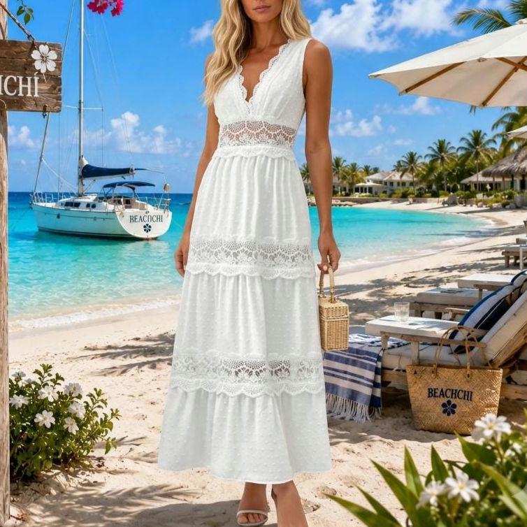 Lace Tie Swiss Dot Maxi Dress | Flowy Sundress | Beachchi