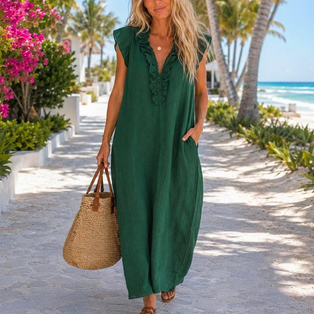Beachchī Ruffle V-Neck Maxi Dress for Women | Flowy Resort Dress with Pockets | Coastal Vacation Dress | Boho Summer Maxi | Cruise & Beach