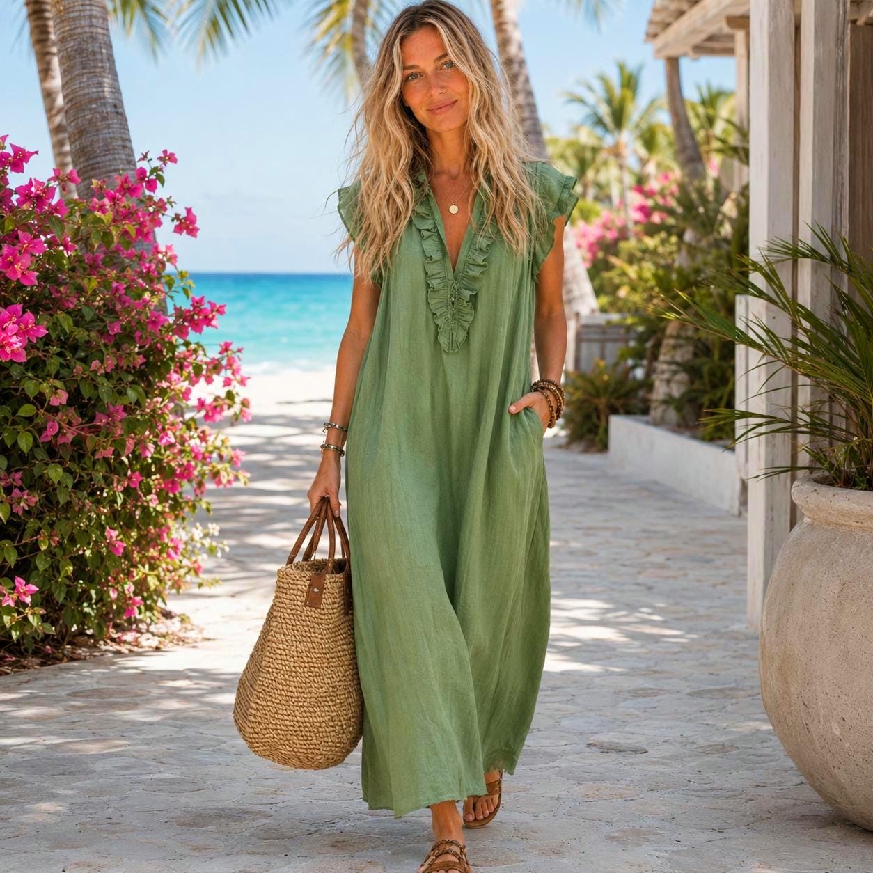 Beachchī Ruffle V-Neck Maxi Dress for Women | Flowy Resort Dress with Pockets | Coastal Vacation Dress | Boho Summer Maxi | Cruise & Beach