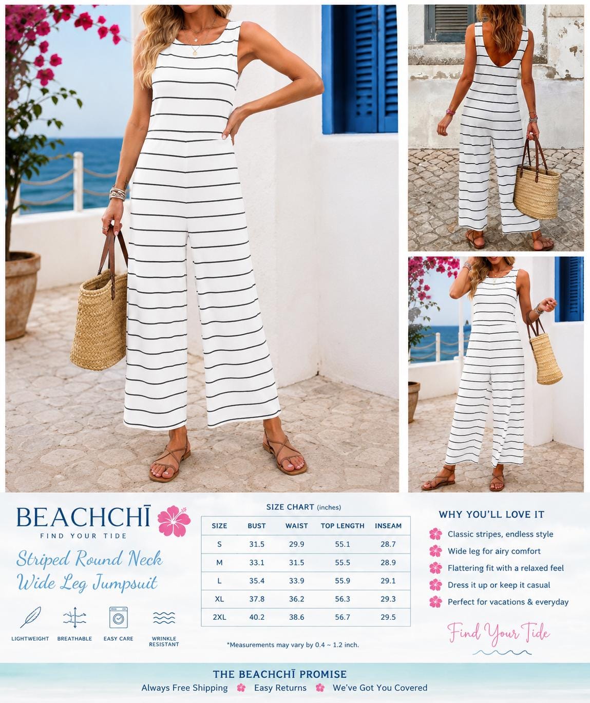 Striped Wide Leg Jumpsuit, Casual Coastal Summer Outfit, Women's Sleeveless Round Neck Romper, Striped Lounge One Piece, Beach Vacation Wear