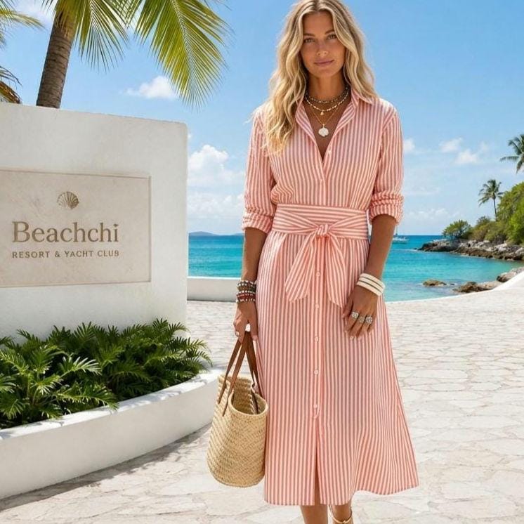 Beachchi Coastal Resort Shirt Dress – Striped & Patterned Button-Down Cover-Up Maxi