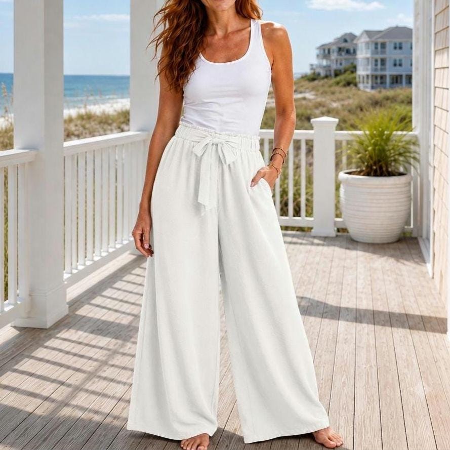 High-Waisted Wide Leg Pants with Tie Waist | Beachchi