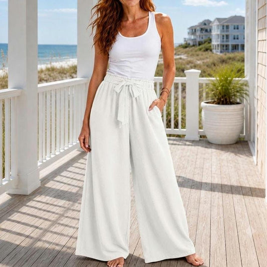 High-Waisted Wide Leg Pants with Tie Waist | Beachchi