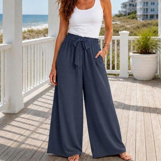 High-Waisted Wide Leg Pants with Tie Waist | Beachchi