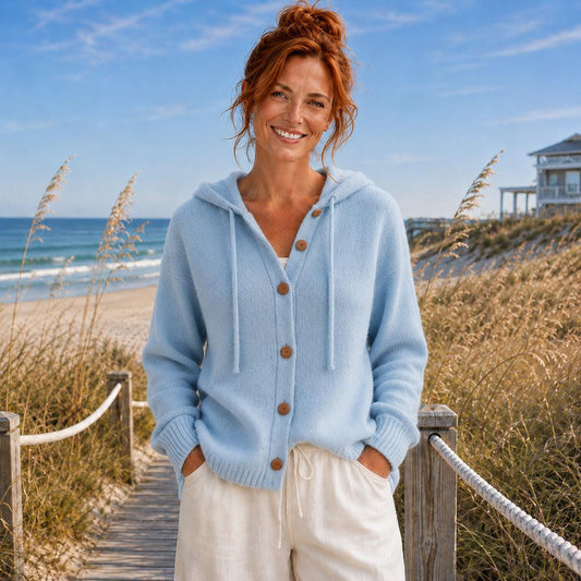 Women’s Hooded Button-Up Cardigan, Soft Knit Coastal Sweater| Beachchī