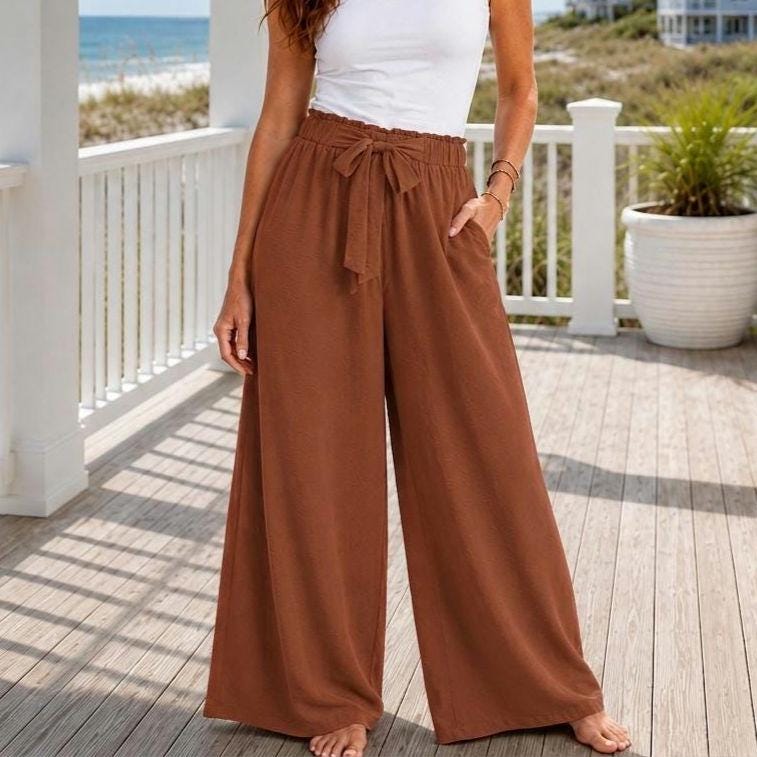 High-Waisted Wide Leg Pants with Tie Waist | Beachchi