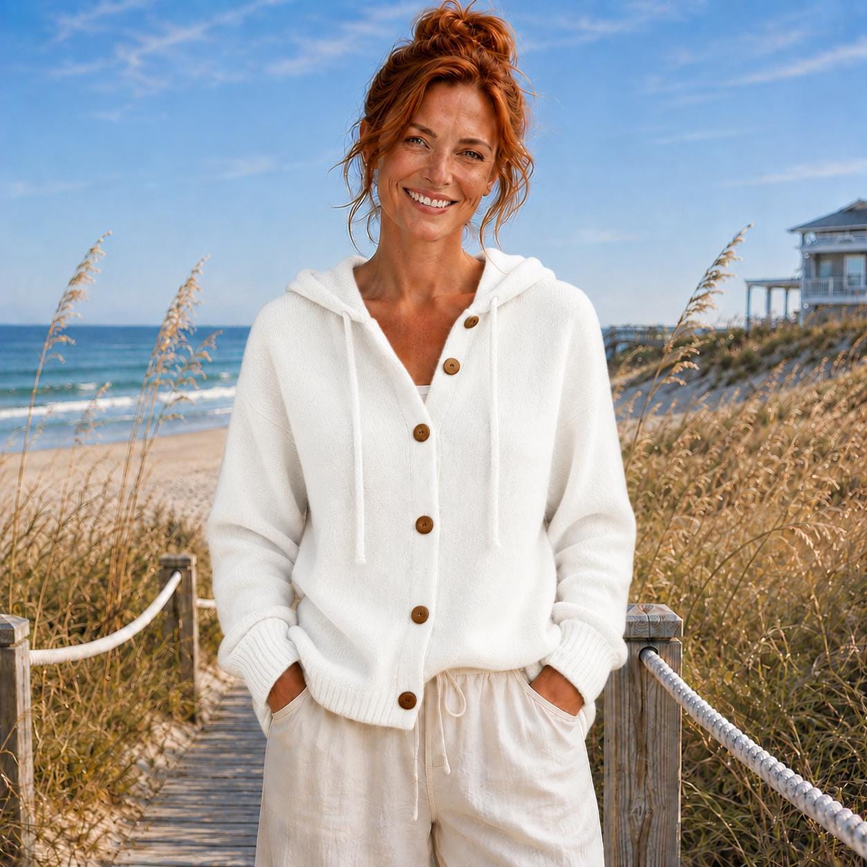 Women’s Hooded Button-Up Cardigan, Soft Knit Coastal Sweater| Beachchī