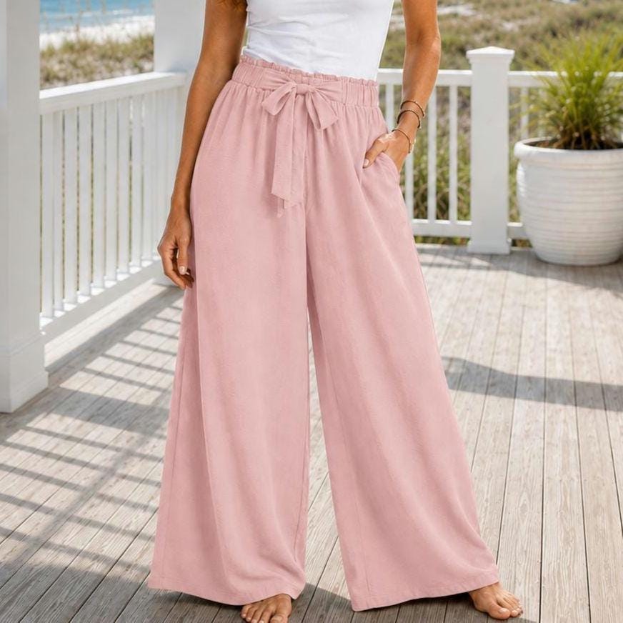 High-Waisted Wide Leg Pants with Tie Waist | Beachchi