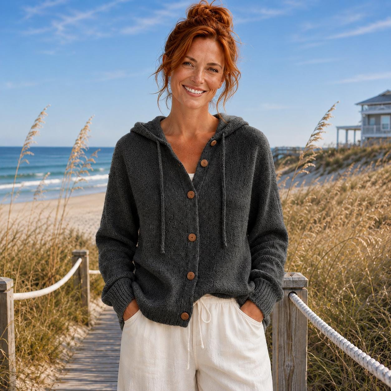 Women’s Hooded Button-Up Cardigan, Soft Knit Coastal Sweater| Beachchī