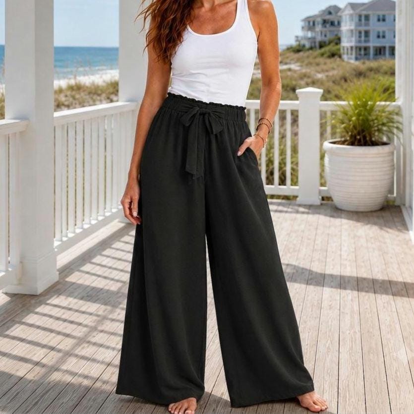 High-Waisted Wide Leg Pants with Tie Waist | Beachchi