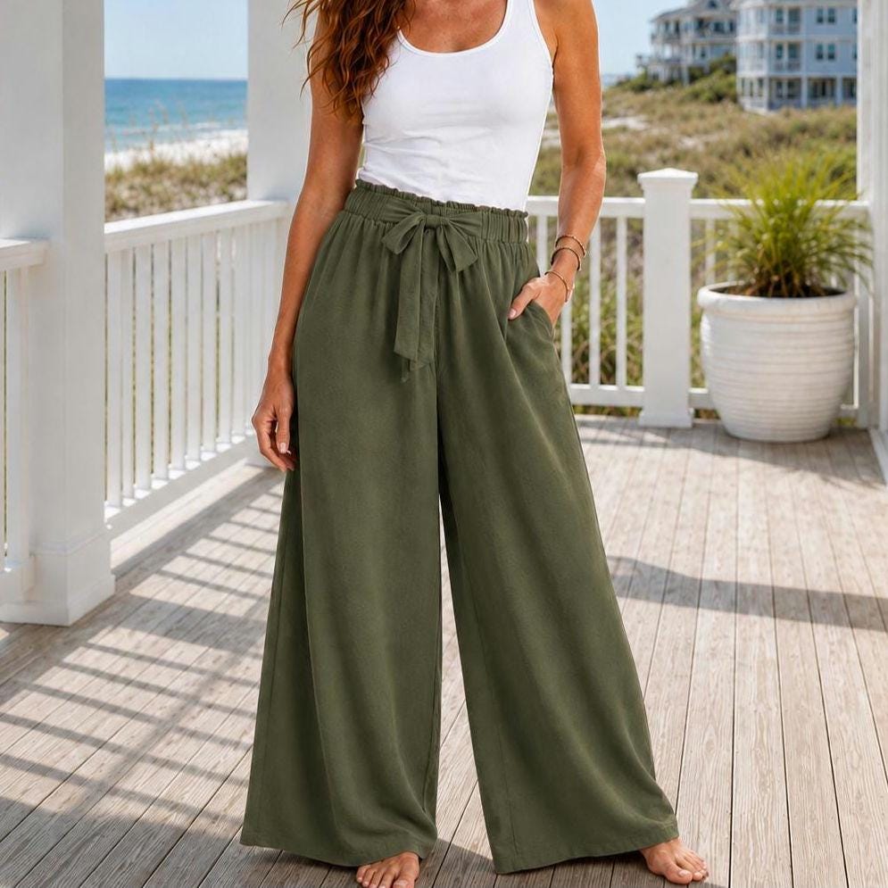 High-Waisted Wide Leg Pants with Tie Waist | Beachchi