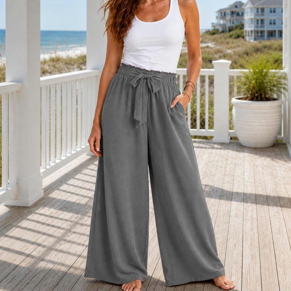 High-Waisted Wide Leg Pants with Tie Waist | Beachchi