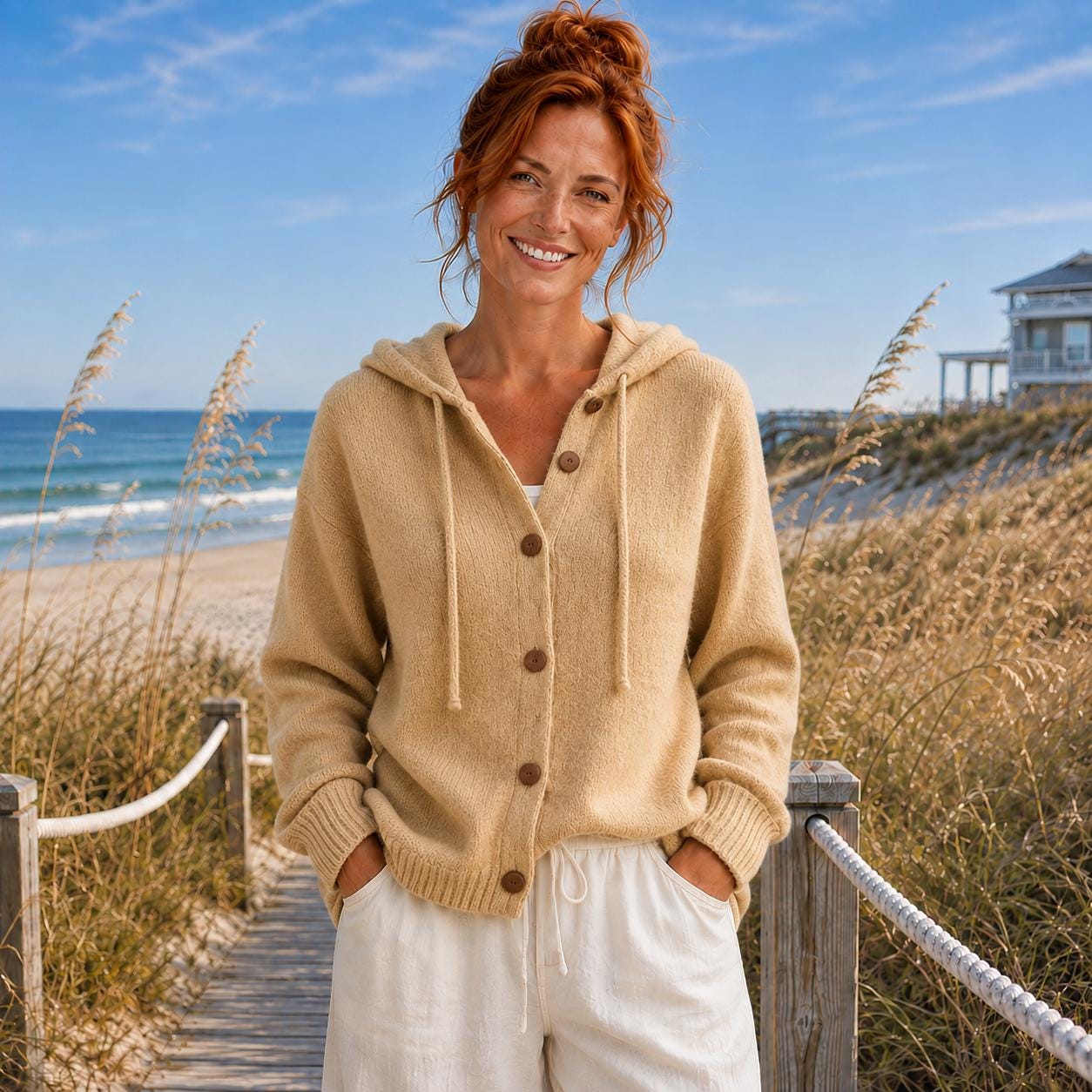 Women’s Hooded Button-Up Cardigan, Soft Knit Coastal Sweater| Beachchī