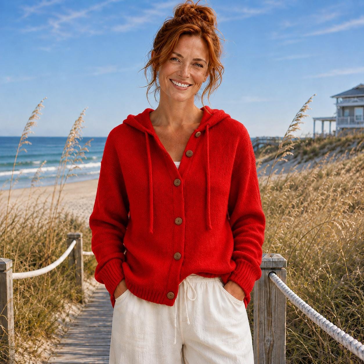 Women’s Hooded Button-Up Cardigan, Soft Knit Coastal Sweater| Beachchī