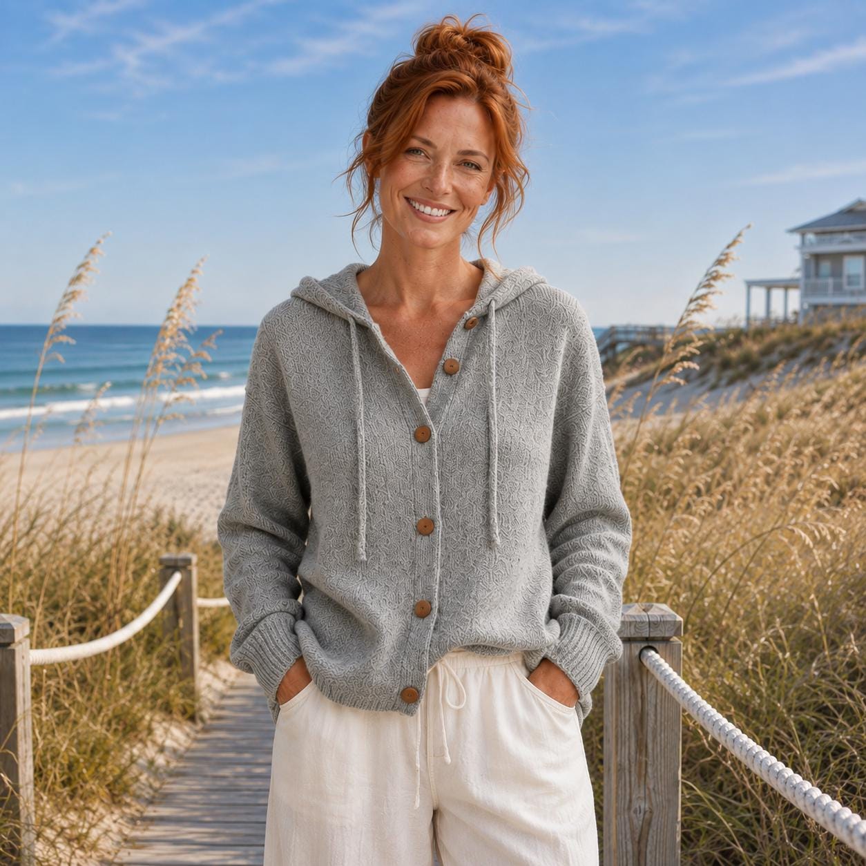Women’s Hooded Button-Up Cardigan, Soft Knit Coastal Sweater| Beachchī