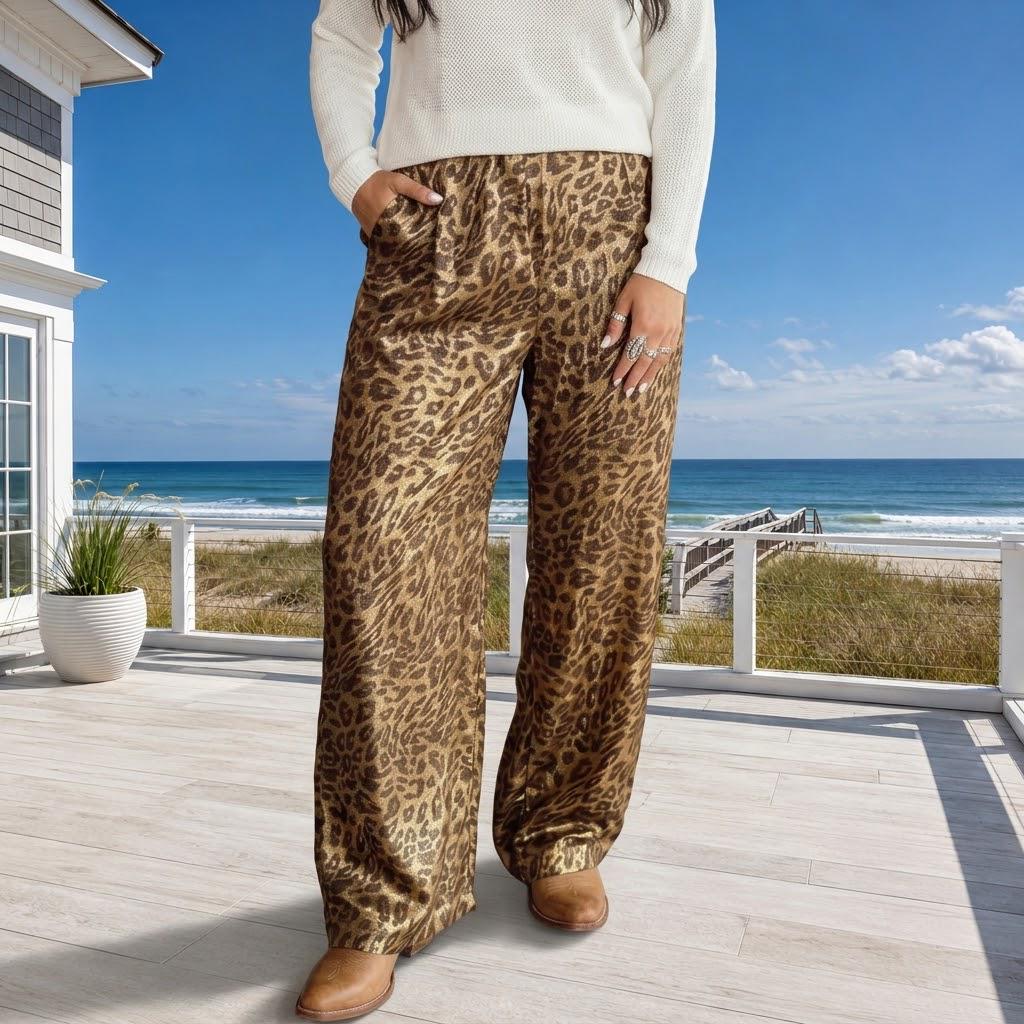 Metallic Leapard Print Wide Leg Pants