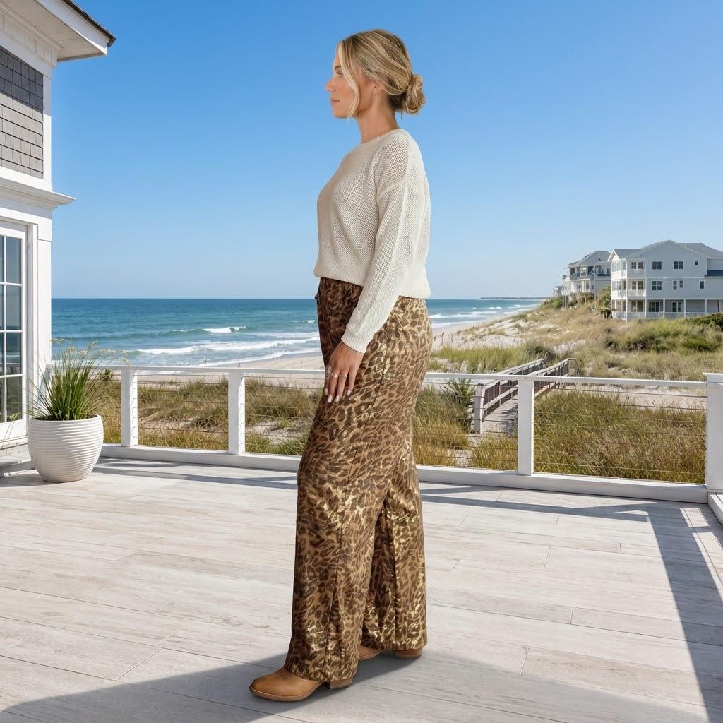 Metallic Leapard Print Wide Leg Pants