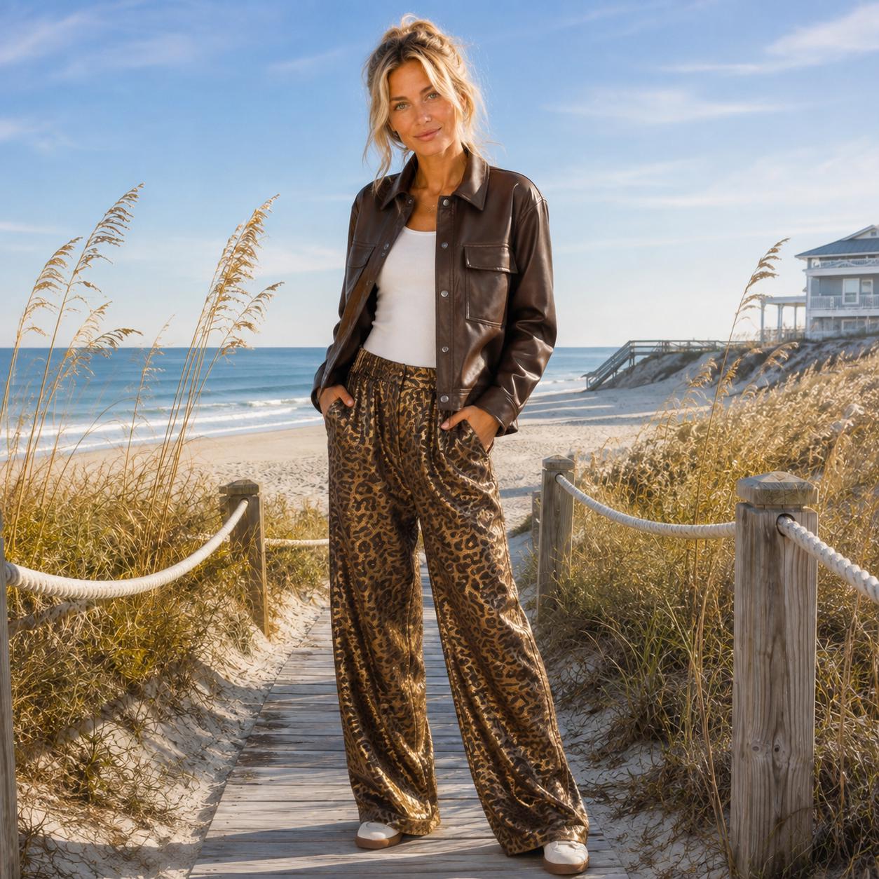 Metallic Leapard Print Wide Leg Pants