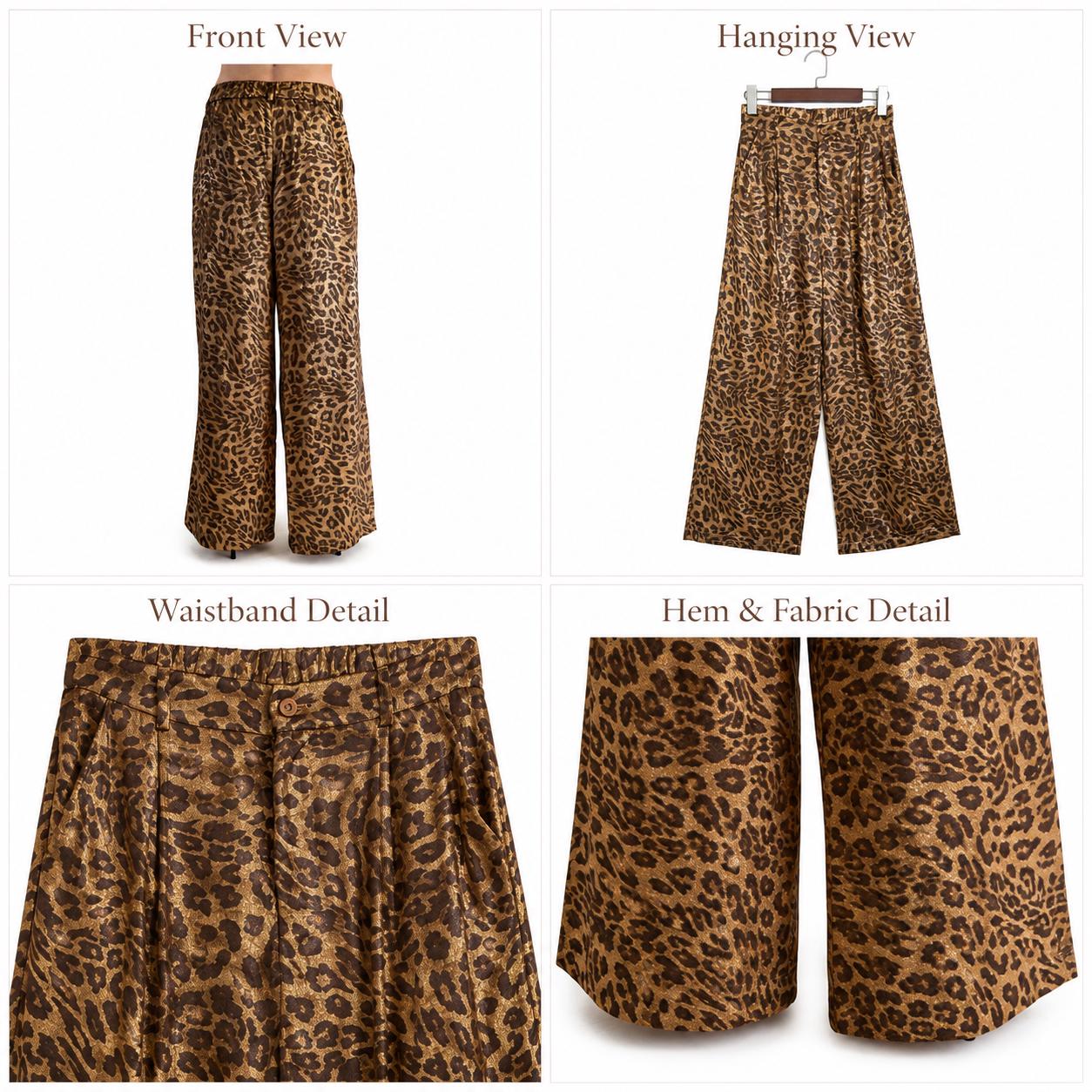 Metallic Leapard Print Wide Leg Pants