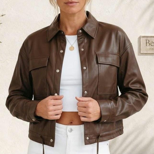 Brown faux leather jacket, women’s fall jacket, drawstring hem coat