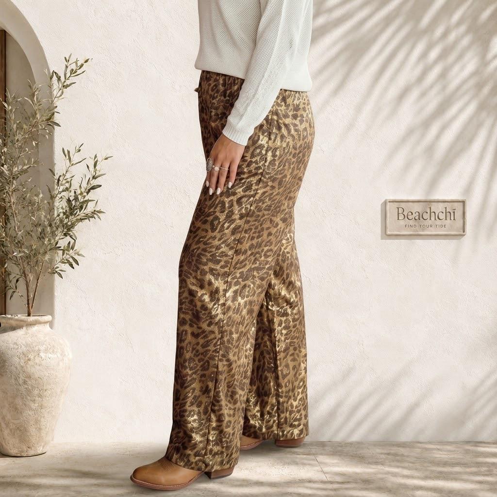 Metallic Leapard Print Wide Leg Pants