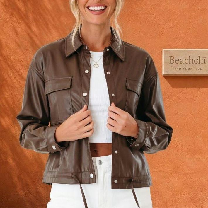 Brown Faux Leather Jacket, Women’s Fall Jacket, Drawstring Hem Coat