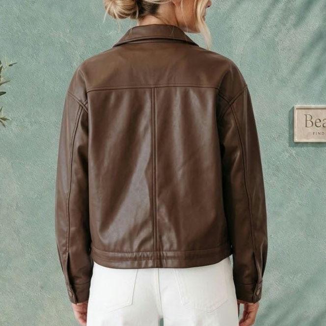 Brown Faux Leather Jacket, Women’s Fall Jacket, Drawstring Hem Coat