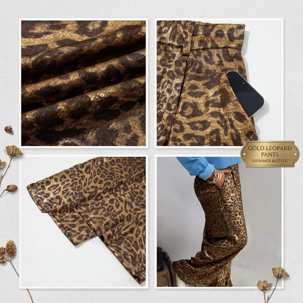 Metallic Leapard Print Wide Leg Pants