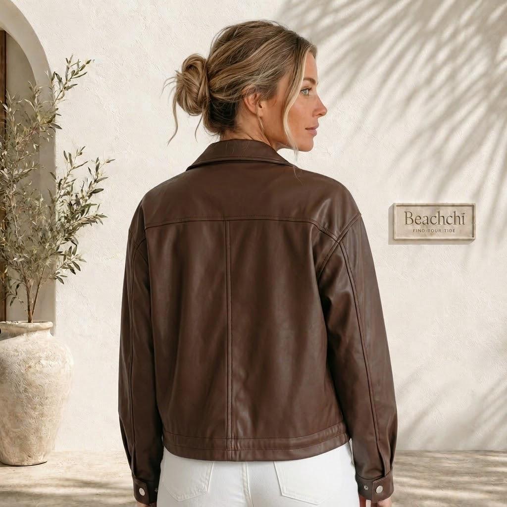 Brown Faux Leather Jacket, Women’s Fall Jacket, Drawstring Hem Coat