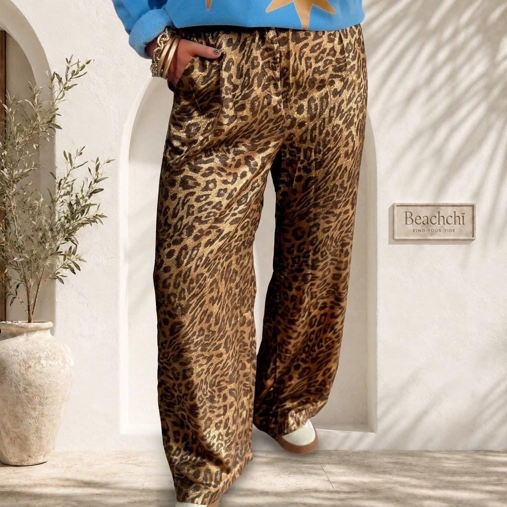 Metallic Leapard Print Wide Leg Pants