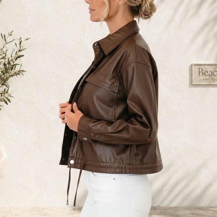 Brown Faux Leather Jacket, Women’s Fall Jacket, Drawstring Hem Coat