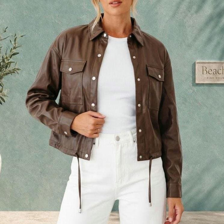 Brown Faux Leather Jacket, Women’s Fall Jacket, Drawstring Hem Coat