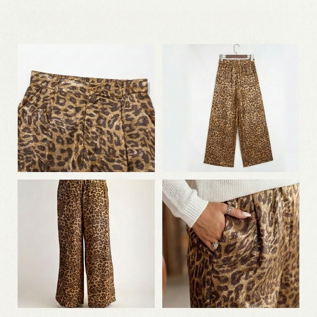 Metallic Leapard Print Wide Leg Pants